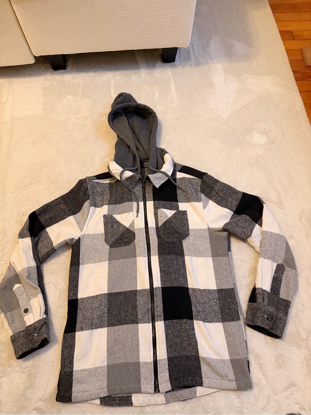 Mens Plaid Hooded Zip Jacket - Gray & White